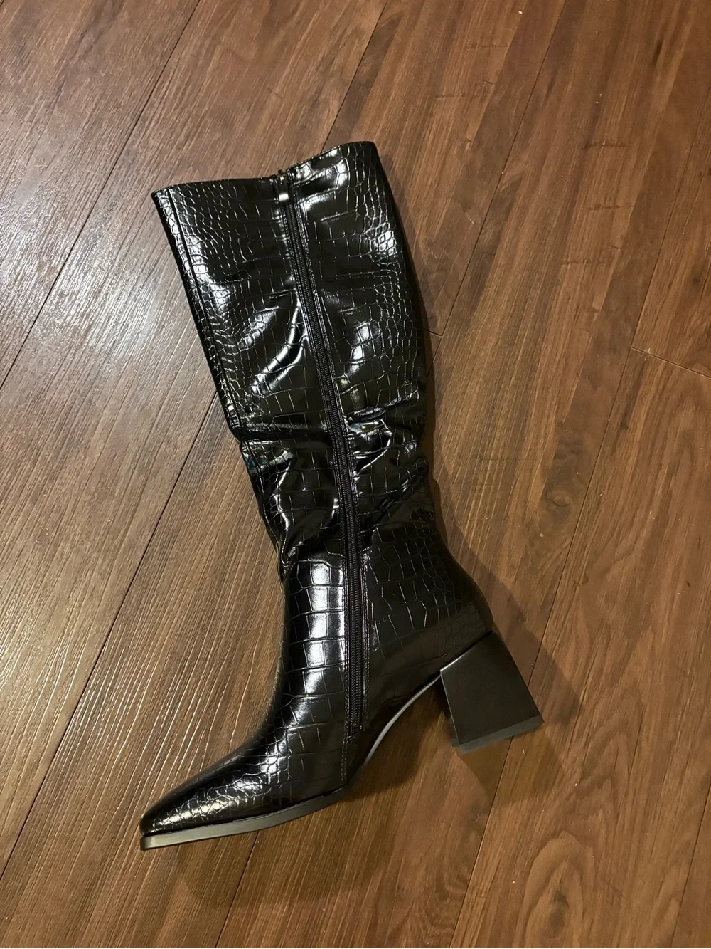 Women's Black Croc-Embossed Knee-High Block Heel Boot